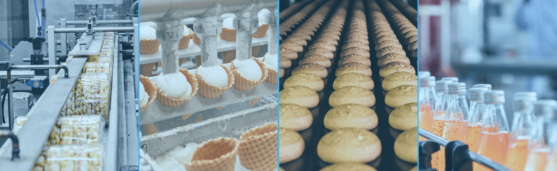 Banner Image of food factories and food products being manufactured on machinery