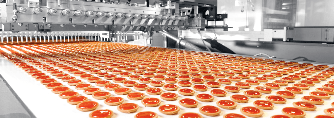 Banner Image of food products on a conveyor line with depositor machinery
