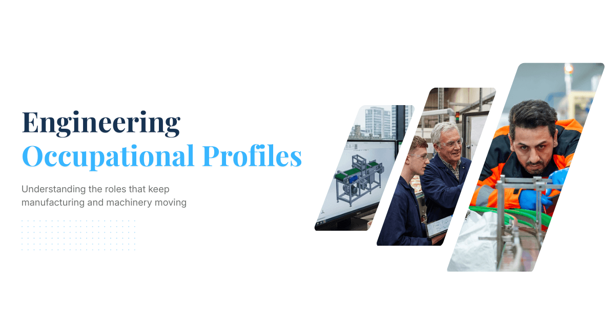 Engineering occupational profiles banner for SimWest Engineering Recruitment, showing design engineering, design leadership and maintenance engineering roles across UK manufacturing and machinery environments.