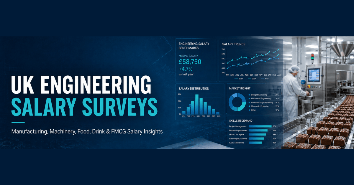 Website banner for UK engineering salary surveys, showing salary benchmarking charts, engineering drawings, metal components and a confectionery manufacturing production line with chocolate cakes on a conveyor, representing manufacturing, machinery, Food, Drink and FMCG salary insights.